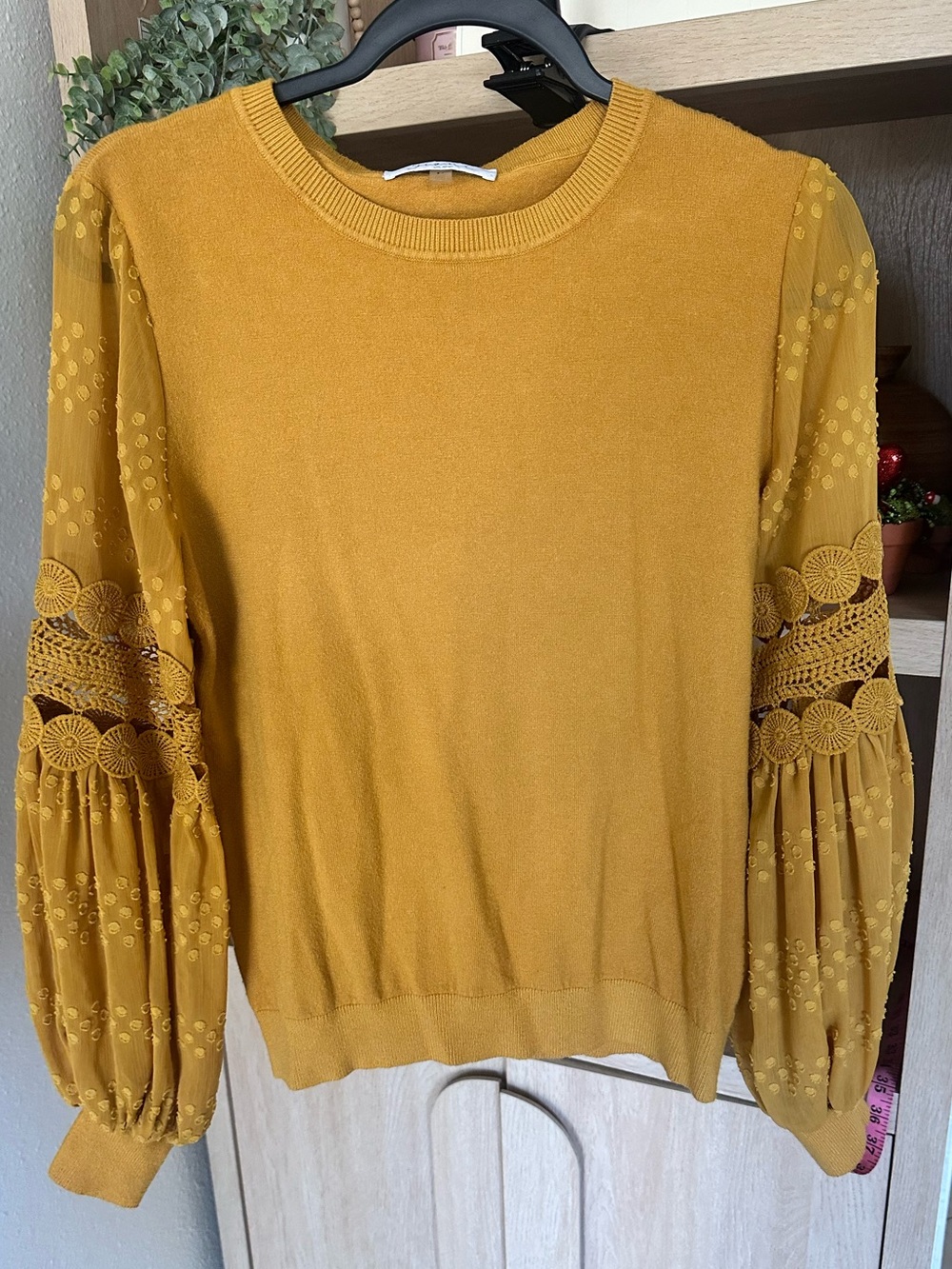 Mustard Yellow Embroidered Puff Sleeve Sweater